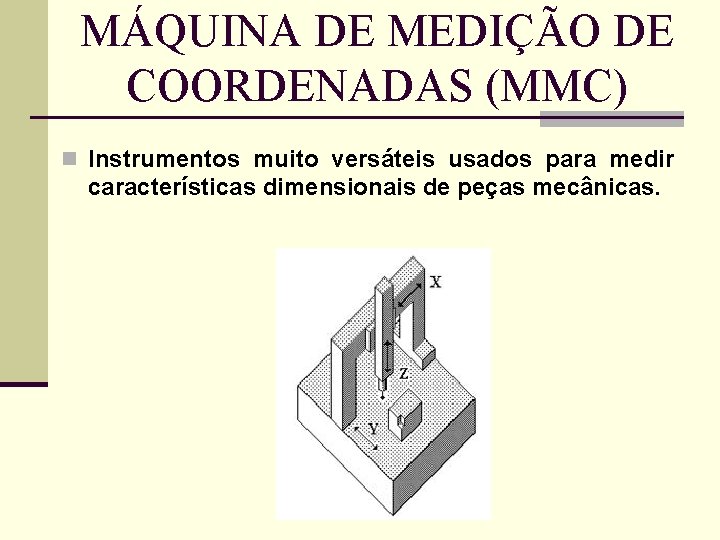 MÁQUINA DE MEDIÇÃO DE COORDENADAS (MMC) n Instrumentos muito versáteis usados para medir características