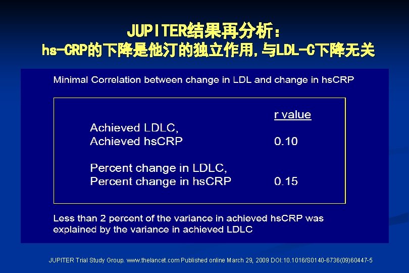 JUPITER结果再分析： hs-CRP的下降是他汀的独立作用, 与LDL-C下降无关 JUPITER Trial Study Group. www. thelancet. com Published online March 29,