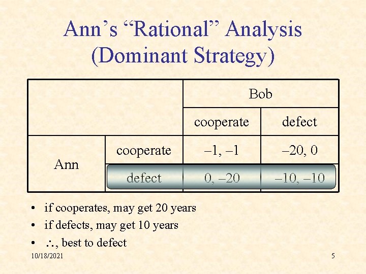 Ann’s “Rational” Analysis (Dominant Strategy) Bob Ann cooperate defect cooperate – 1, – 1