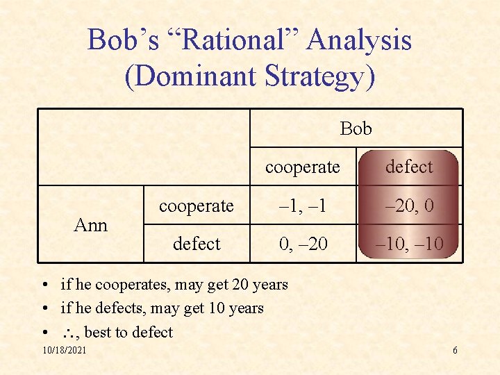 Bob’s “Rational” Analysis (Dominant Strategy) Bob Ann cooperate defect cooperate – 1, – 1