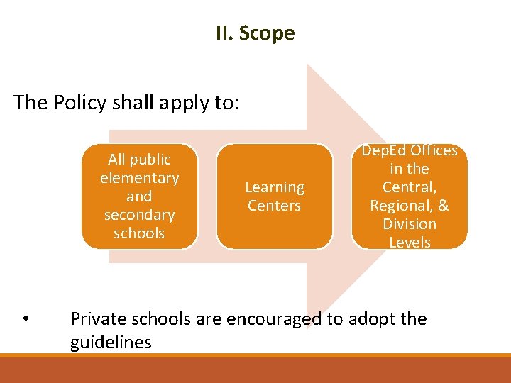 II. Scope The Policy shall apply to: All public elementary and secondary schools •