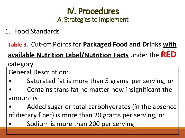 IV. Procedures A. Strategies to Implement 1. Food Standards Table 3. Cut-off Points for