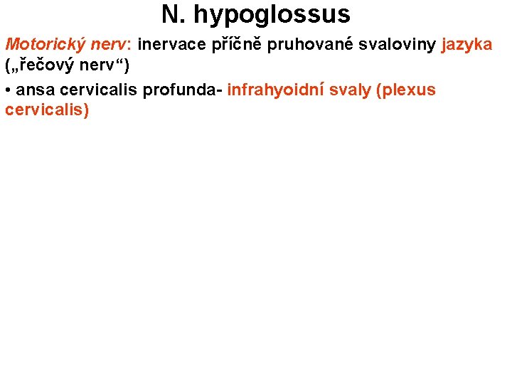 N. hypoglossus Motorický nerv: inervace příčně pruhované svaloviny jazyka („řečový nerv“) • ansa cervicalis