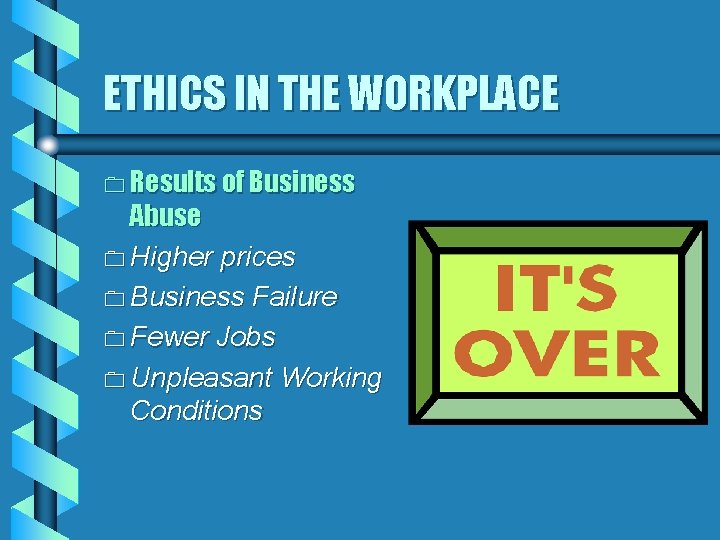 ETHICS IN THE WORKPLACE 0 Results of Business Abuse 0 Higher prices 0 Business