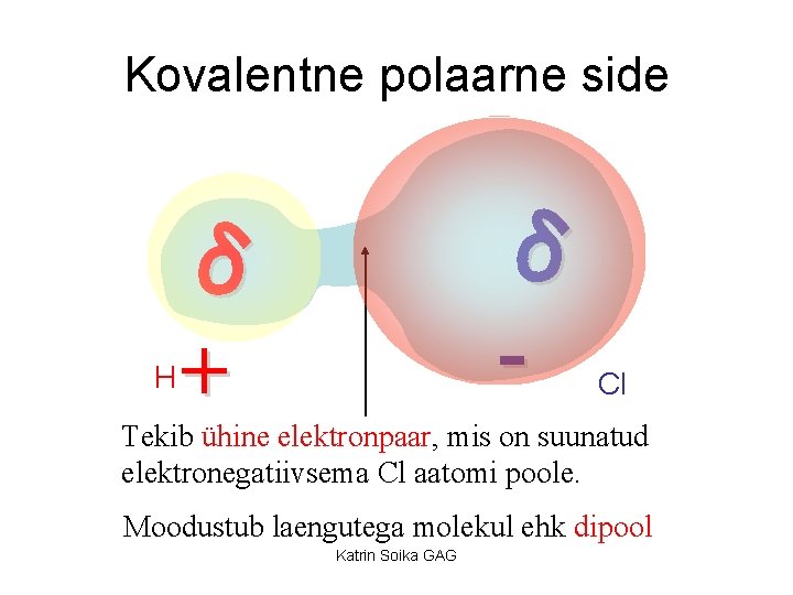 Kovalentne polaarne side δ - δ + +1 H +17 Cl Tekib ühine elektronpaar,