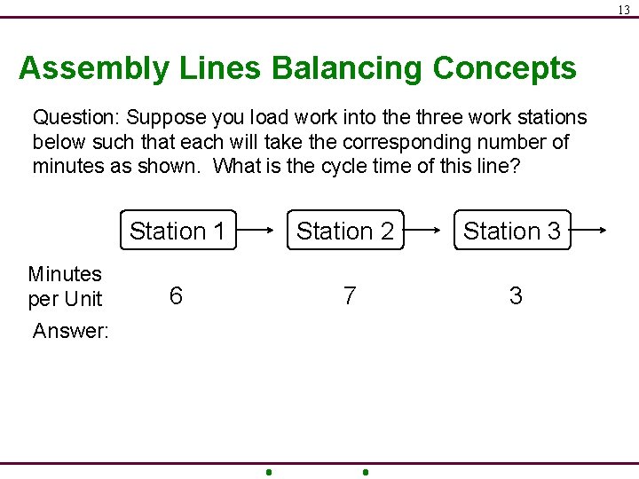 13 Assembly Lines Balancing Concepts Question: Suppose you load work into the three work