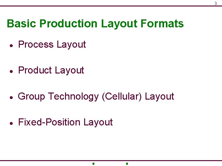 3 Basic Production Layout Formats · Process Layout · Product Layout · Group Technology