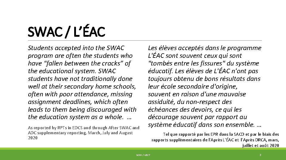 SWAC / L’ÉAC Students accepted into the SWAC program are often the students who