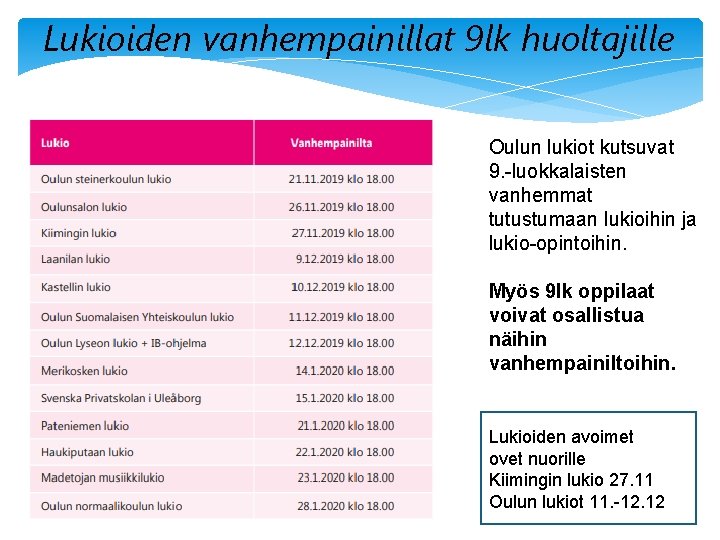 Lukioiden vanhempainillat 9 lk huoltajille Oulun lukiot kutsuvat 9. -luokkalaisten vanhemmat tutustumaan lukioihin ja