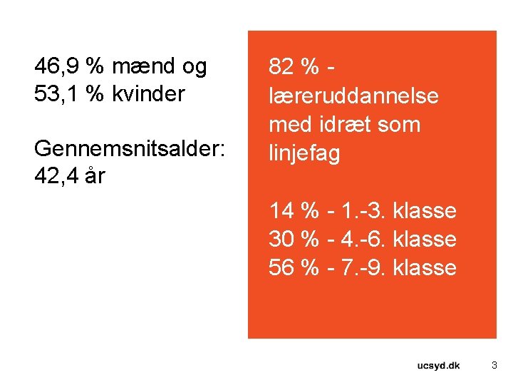 46, 9 % mænd og 53, 1 % kvinder Gennemsnitsalder: 42, 4 år 82