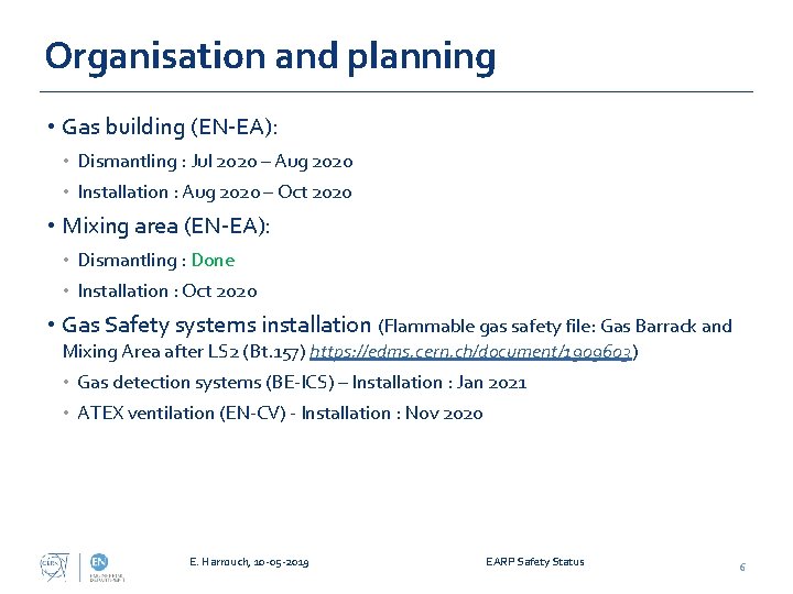 Organisation and planning • Gas building (EN-EA): • Dismantling : Jul 2020 – Aug