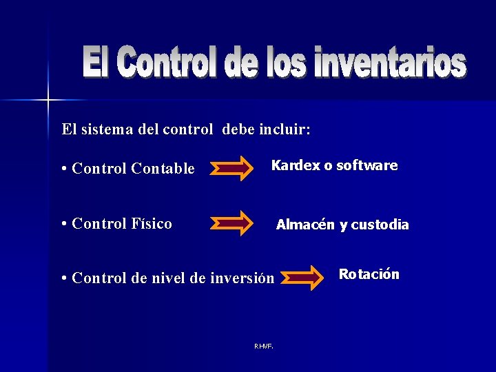 El sistema del control debe incluir: • Control Contable Kardex o software • Control