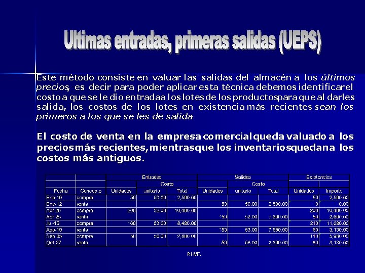 Este método consiste en valuar las salidas del almacén a los últimos precios, es