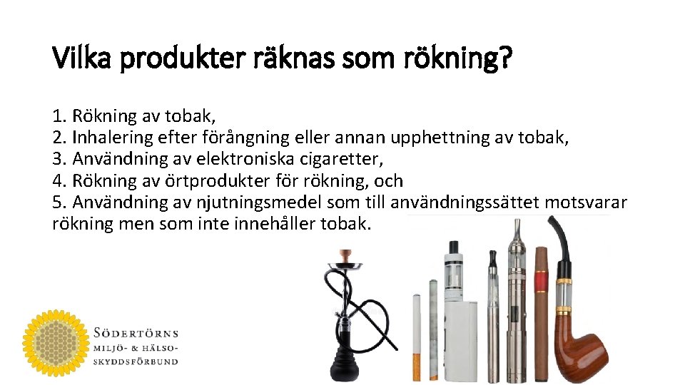 Vilka produkter räknas som rökning? 1. Ro kning av tobak, 2. Inhalering efter fo