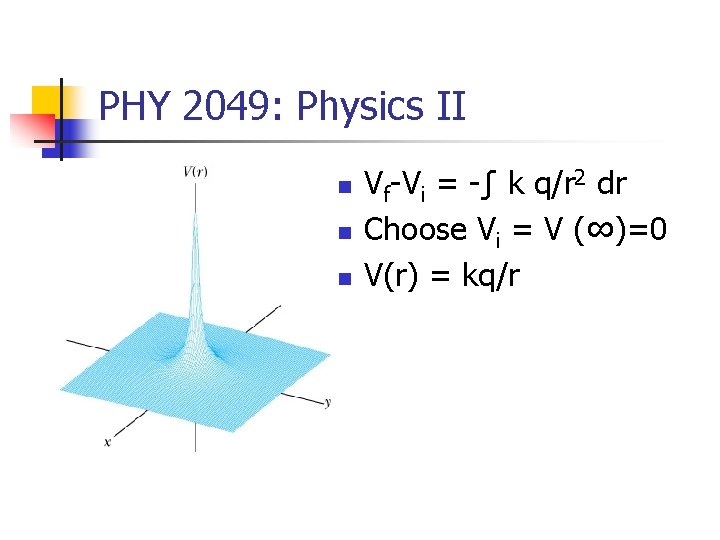 PHY 2049: Physics II n n n Vf-Vi = -∫ k q/r 2 dr