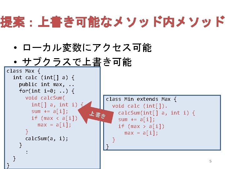 提案：上書き可能なメソッド内メソッド • ローカル変数にアクセス可能 • サブクラスで上書き可能 class Max { int calc (int[] a) { public