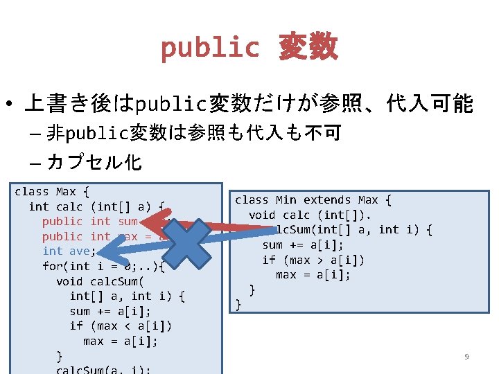 public 変数 • 上書き後はpublic変数だけが参照、代入可能 – 非public変数は参照も代入も不可 – カプセル化 class Max { int calc (int[]