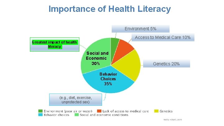 Importance of Health Literacy Environment 5% Access to Medical Care 10% Greatest impact of