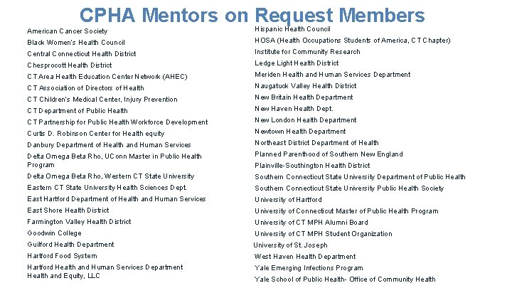 CPHA Mentors on Request Members American Cancer Society Hispanic Health Council Black Women’s Health