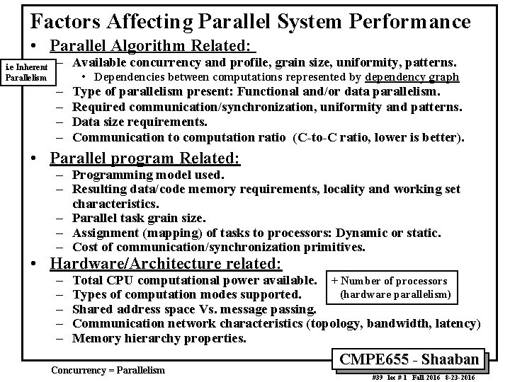 Factors Affecting Parallel System Performance • Parallel Algorithm Related: i. e Inherent Parallelism –