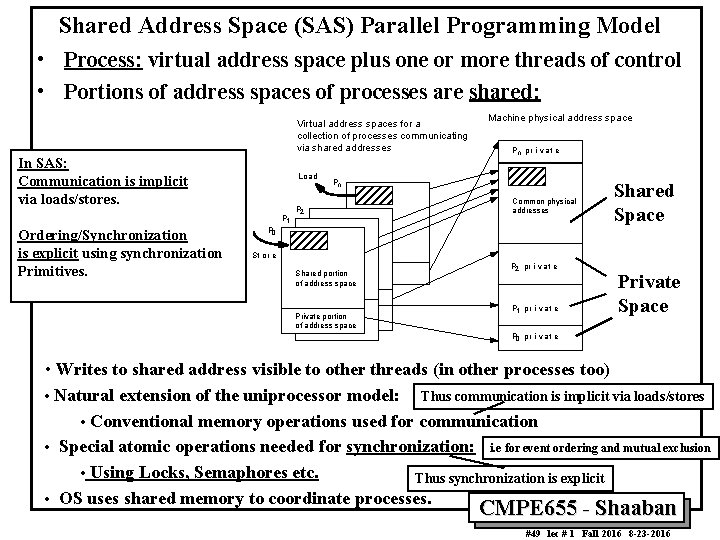 Shared Address Space (SAS) Parallel Programming Model • Process: virtual address space plus one