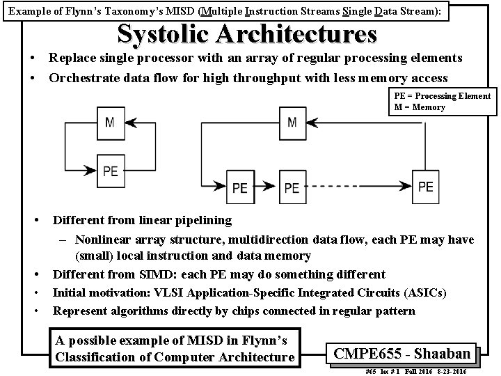 Example of Flynn’s Taxonomy’s MISD (Multiple Instruction Streams Single Data Stream): Systolic Architectures •