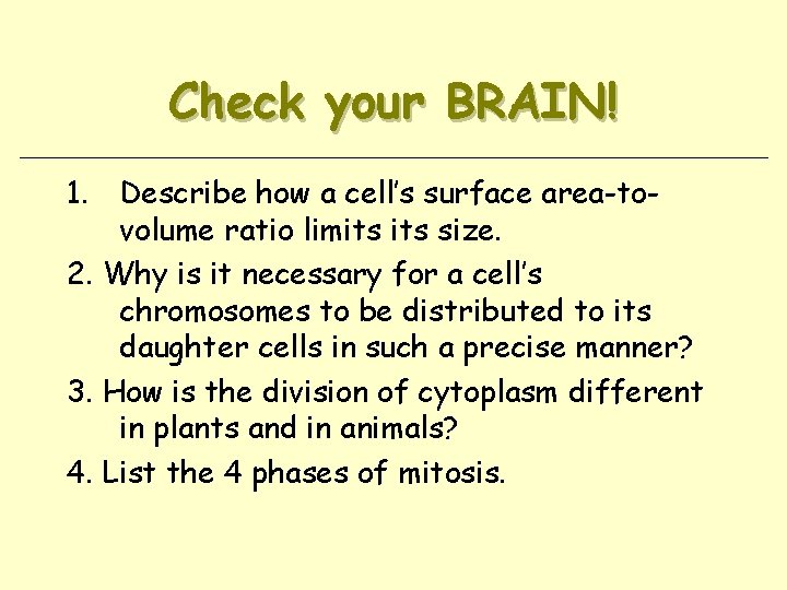 Check your BRAIN! 1. Describe how a cell’s surface area-tovolume ratio limits size. 2.