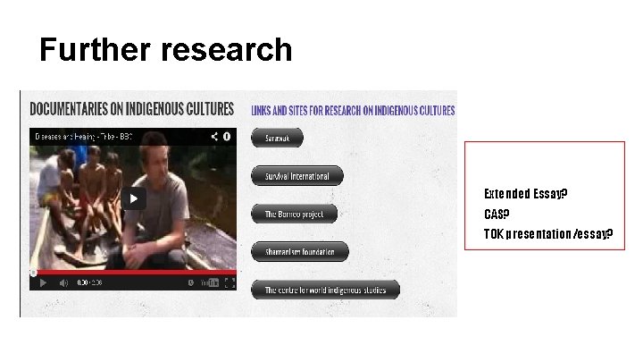 Further research Extended Essay? CAS? TOK presentation/essay? 