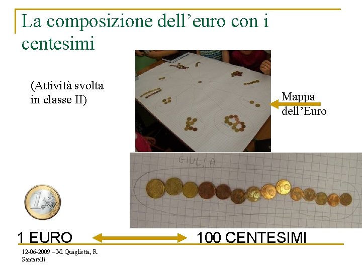 La composizione dell’euro con i centesimi (Attività svolta in classe II) 1 EURO 12