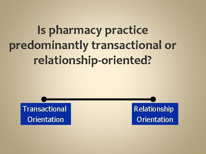 Is pharmacy practice predominantly transactional or relationship-oriented? Transactional Orientation Relationship Orientation 