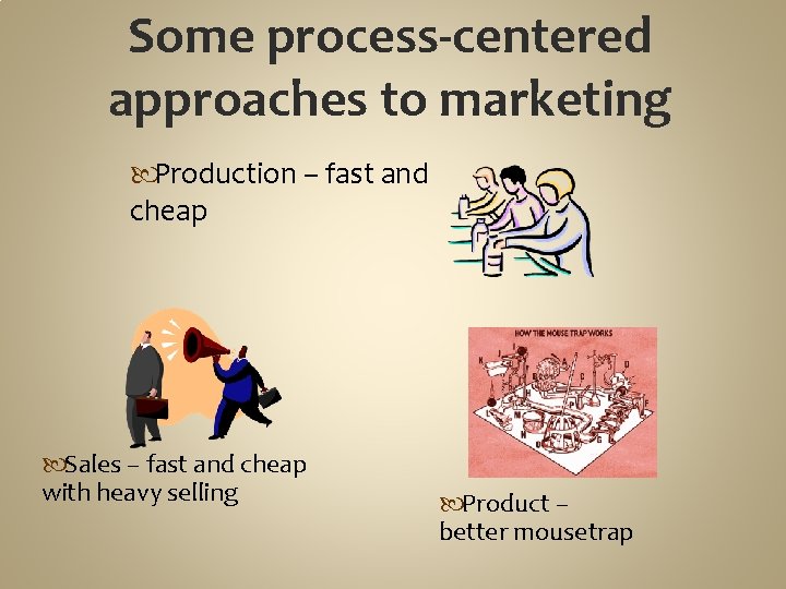 Some process-centered approaches to marketing Production – fast and cheap Sales – fast and