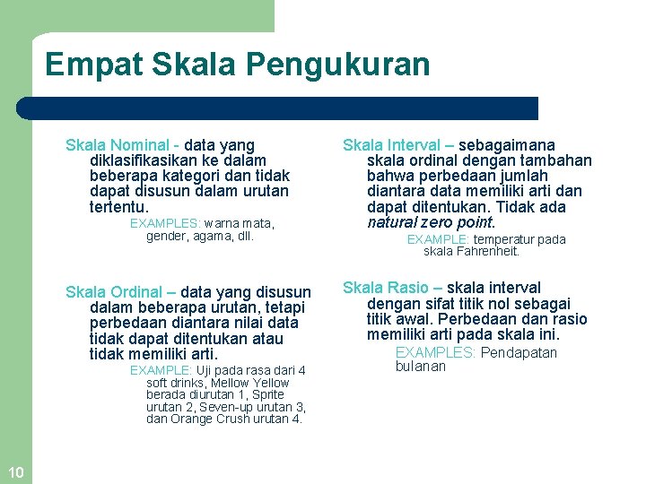 Empat Skala Pengukuran Skala Nominal - data yang diklasifikasikan ke dalam beberapa kategori dan