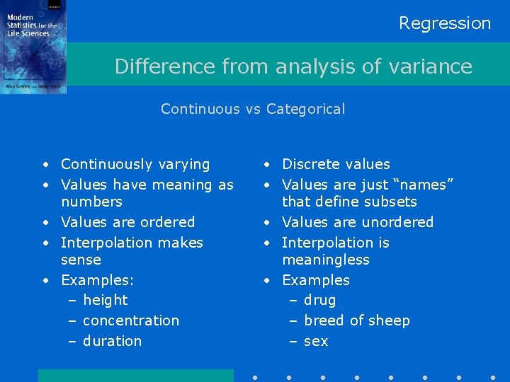 Regression Difference from analysis of variance Continuous vs Categorical • Continuously varying • Values