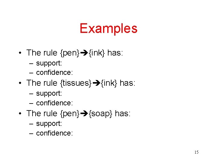 Examples • The rule {pen} {ink} has: – support: – confidence: • The rule