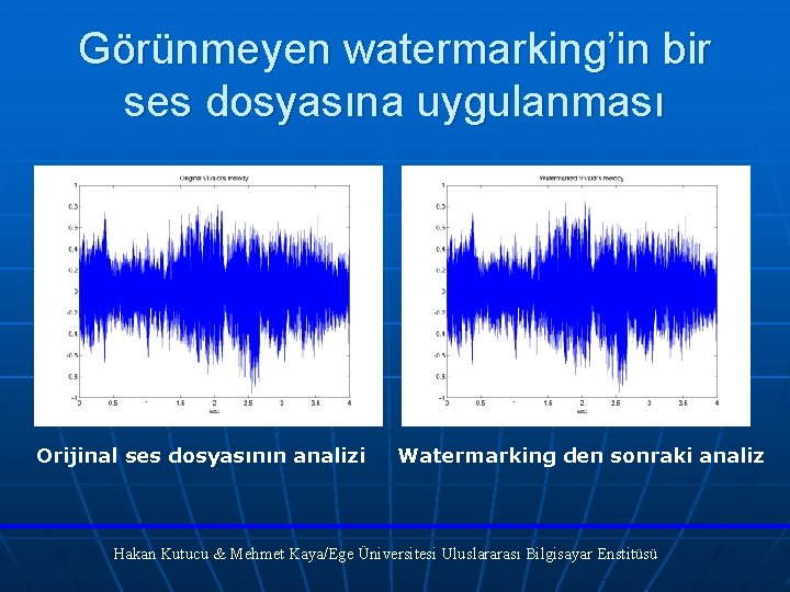 Görünmeyen watermarking’in bir ses dosyasına uygulanması Orijinal ses dosyasının analizi Watermarking den sonraki analiz