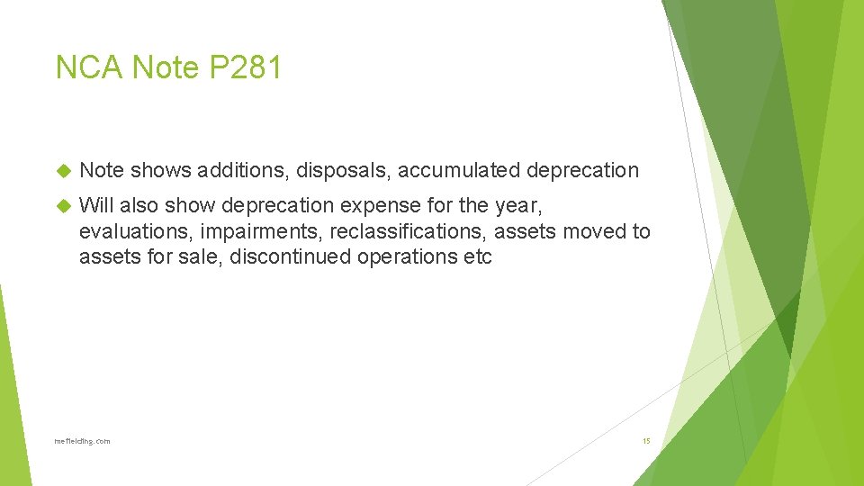 NCA Note P 281 Note shows additions, disposals, accumulated deprecation Will also show deprecation