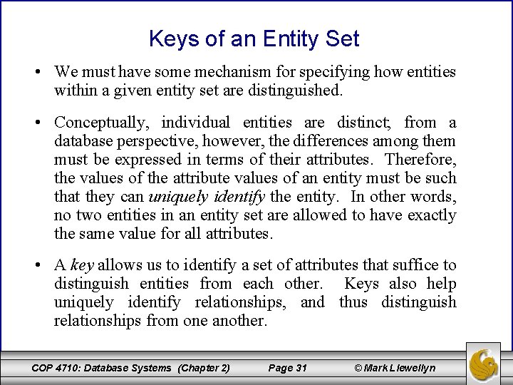 Keys of an Entity Set • We must have some mechanism for specifying how