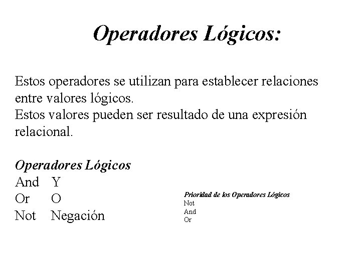 Operadores Lógicos: Estos operadores se utilizan para establecer relaciones entre valores lógicos. Estos valores