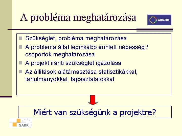 A probléma meghatározása n Szükséglet, probléma meghatározása n A probléma által leginkább érintett népesség