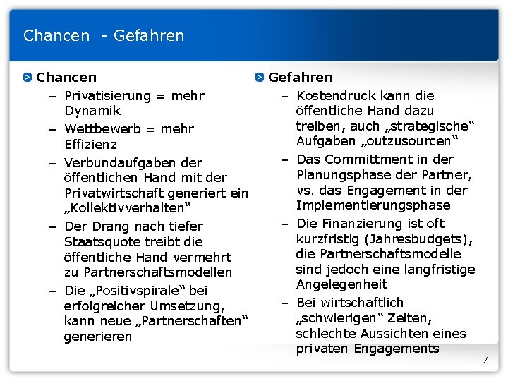 Chancen - Gefahren Chancen – Privatisierung = mehr Dynamik – Wettbewerb = mehr Effizienz