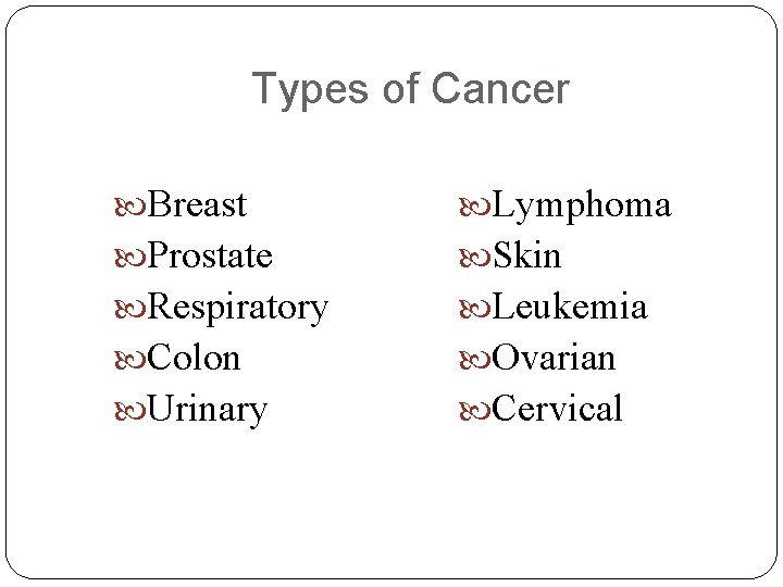 Types of Cancer Breast Lymphoma Prostate Skin Respiratory Leukemia Colon Ovarian Urinary Cervical 
