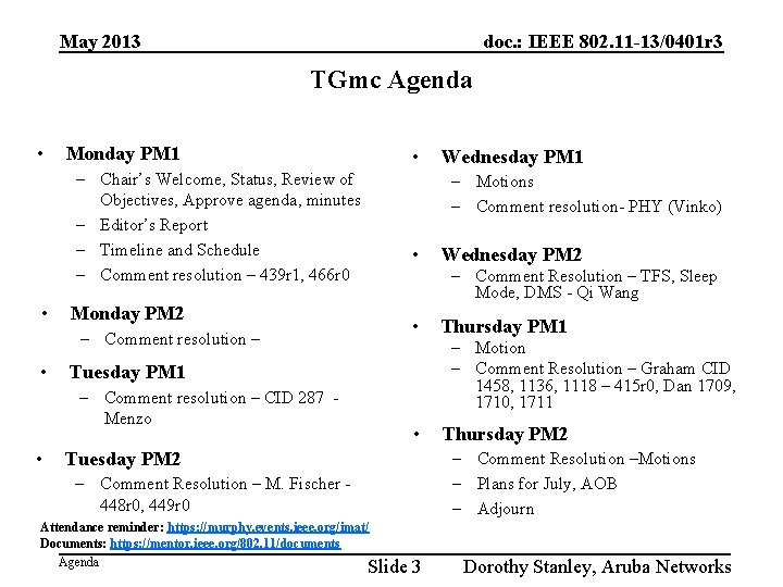 May 2013 doc. : IEEE 802. 11 -13/0401 r 3 TGmc Agenda • Monday