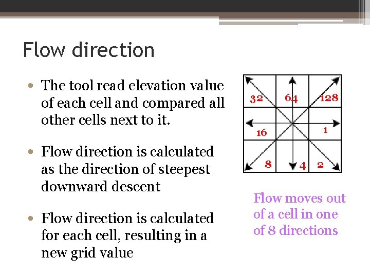 Flow direction • The tool read elevation value of each cell and compared all