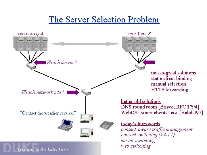 The Server Selection Problem server array A server farm B Which server? Which network