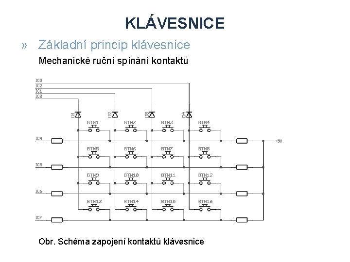 KLÁVESNICE » Základní princip klávesnice Mechanické ruční spínání kontaktů Obr. Schéma zapojení kontaktů klávesnice