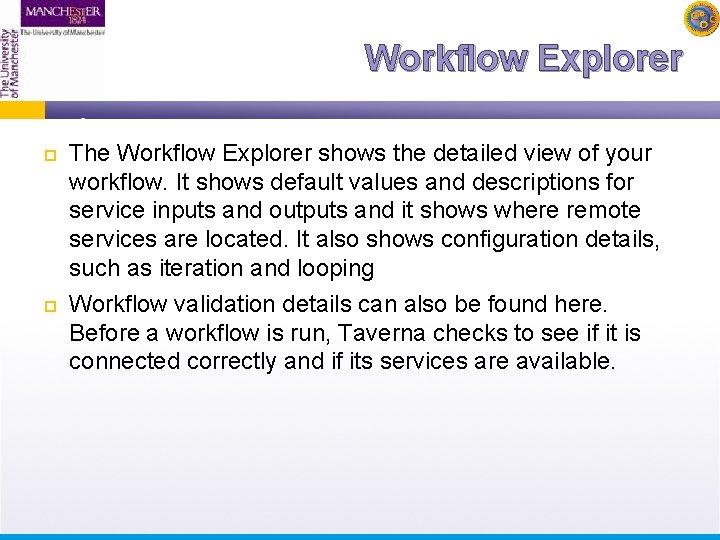 Workflow Explorer The Workflow Explorer shows the detailed view of your workflow. It shows