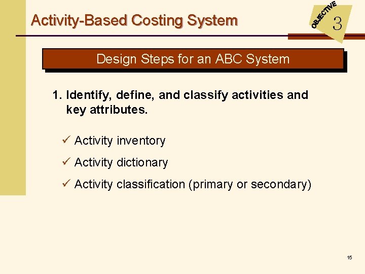 Activity-Based Costing System 3 Design Steps for an ABC System 1. Identify, define, and