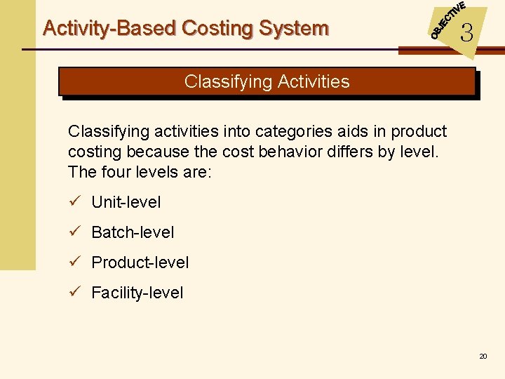 Activity-Based Costing System 3 Classifying Activities Classifying activities into categories aids in product costing