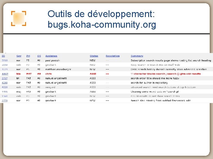 Outils de développement: bugs. koha-community. org 