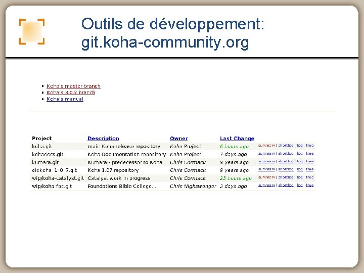 Outils de développement: git. koha-community. org 